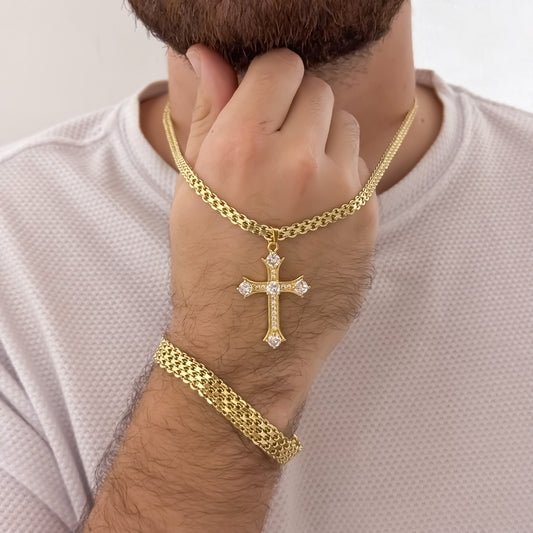 Cadena Tejido Chino de Hombre de 60cm de 4mm + Cruz Con Micro Circones Cristales + Pulseras Tejido Chino Gruesa de 10mm en Oro Laminado 18k con Garantía de por vida