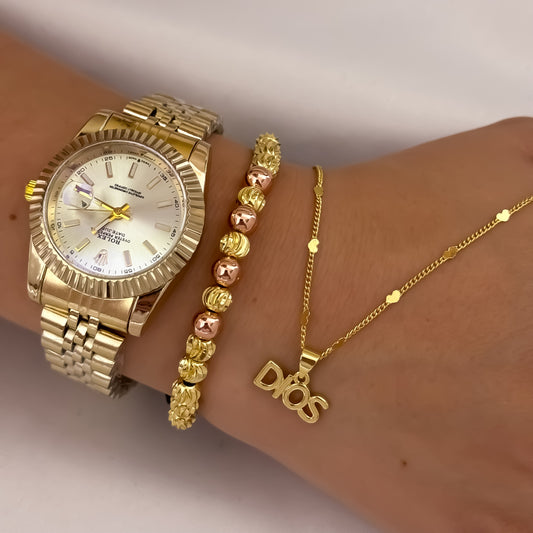 Cadena Tejido Cubana de Dama de 45cm + Dije de Dios + Pulseras Balin Italiano + Oro Rosa + Reloj Rolex de Dama en Oro Laminado 18k con Garantia de por vida