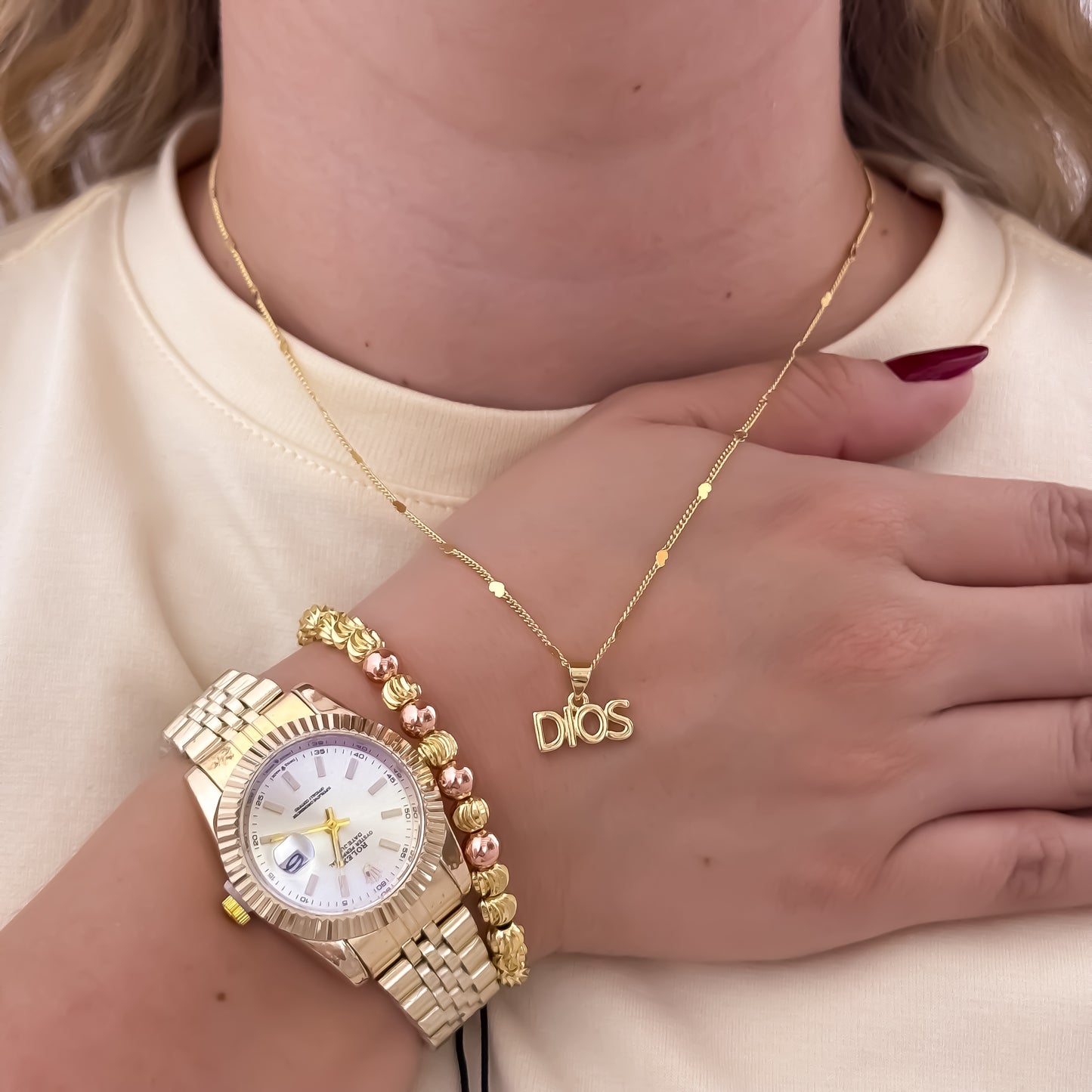 Cadena Tejido Cubana de Dama de 45cm + Dije de Dios + Pulseras Balin Italiano + Oro Rosa + Reloj Rolex de Dama en Oro Laminado 18k con Garantia de por vida