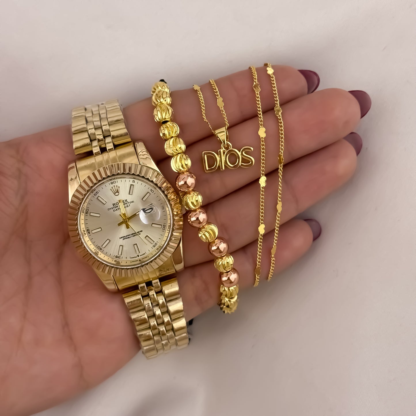 Cadena Tejido Cubana de Dama de 45cm + Dije de Dios + Pulseras Balin Italiano + Oro Rosa + Reloj Rolex de Dama en Oro Laminado 18k con Garantia de por vida