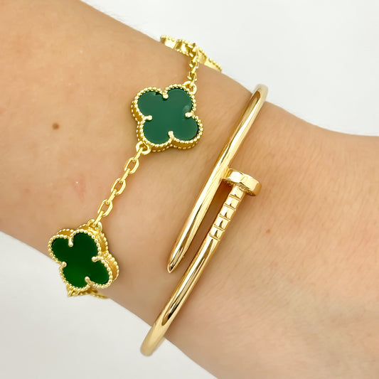 Pulseras Van Cleef Verde Esmeralda de 18cm + Pulsera Clavo para Dama en Oro Laminado 18k con Garantia de por vida
