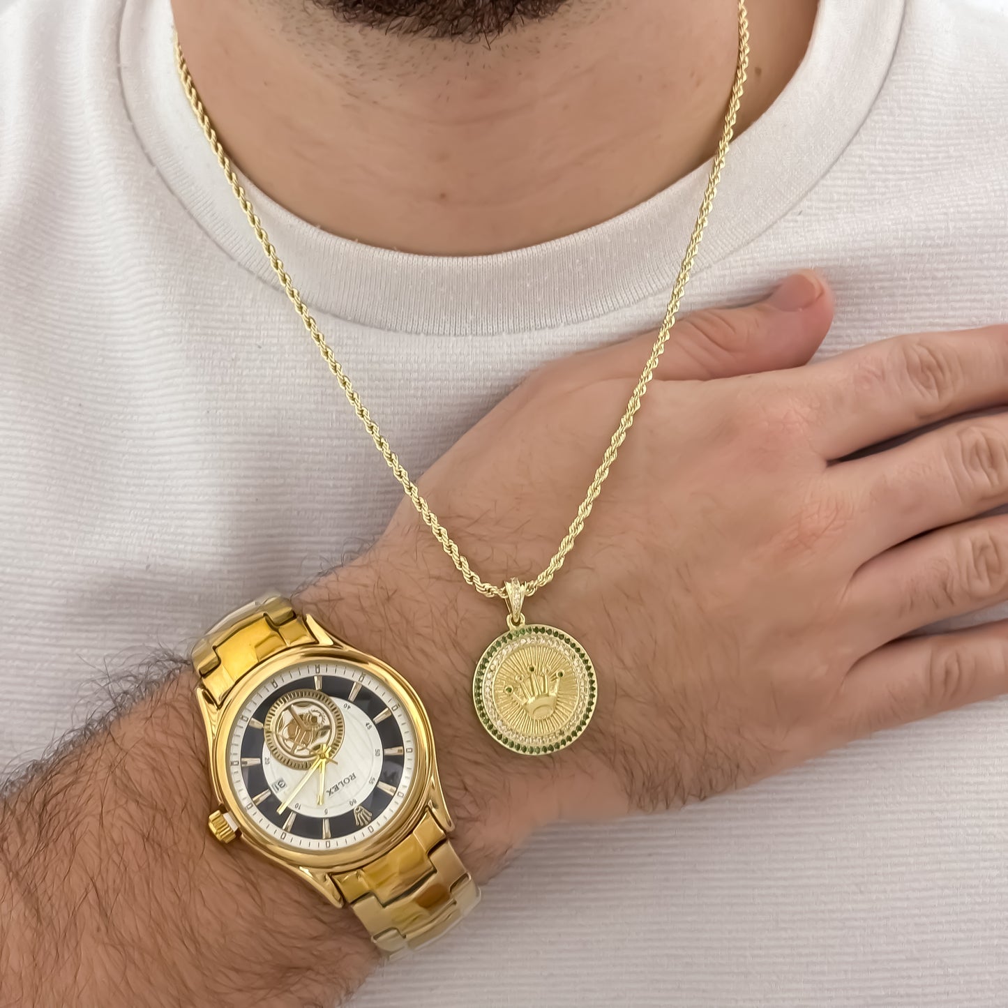 Cadena Lazo de Hombre de 60cm de 3mm de Grosor + Dije de Corona Rolex con micro circones en Oro Laminado 18k + Reloj Rolex de Alta calidad con Garantía