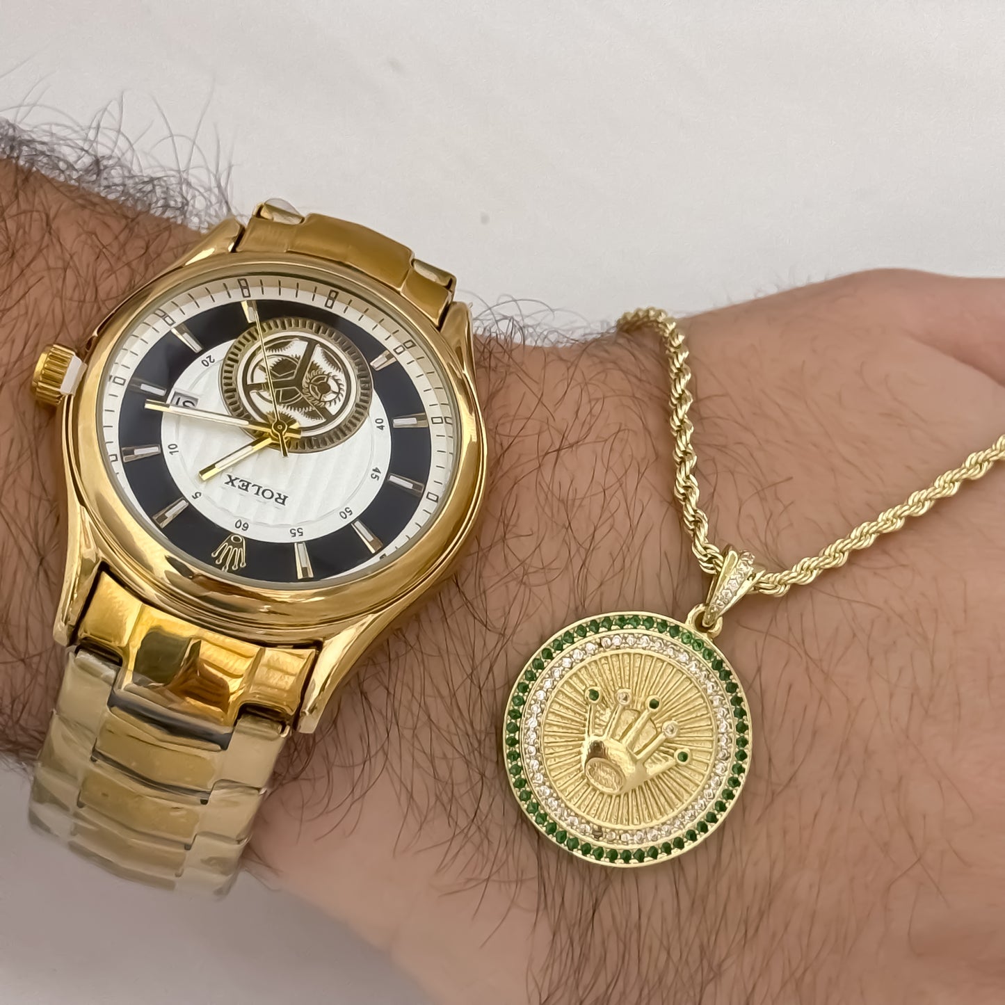 Cadena Lazo de Hombre de 60cm de 3mm de Grosor + Dije de Corona Rolex con micro circones en Oro Laminado 18k + Reloj Rolex de Alta calidad con Garantía