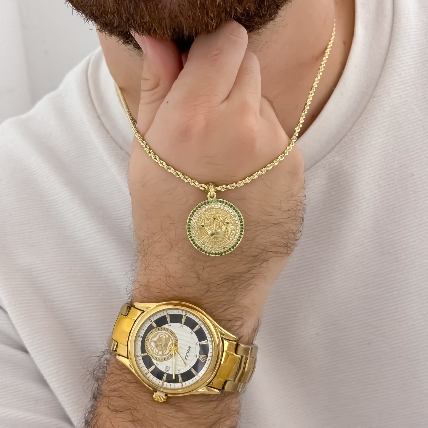 Cadena Lazo de Hombre de 60cm de 3mm de Grosor + Dije de Corona Rolex con micro circones en Oro Laminado 18k + Reloj Rolex de Alta calidad con Garantía