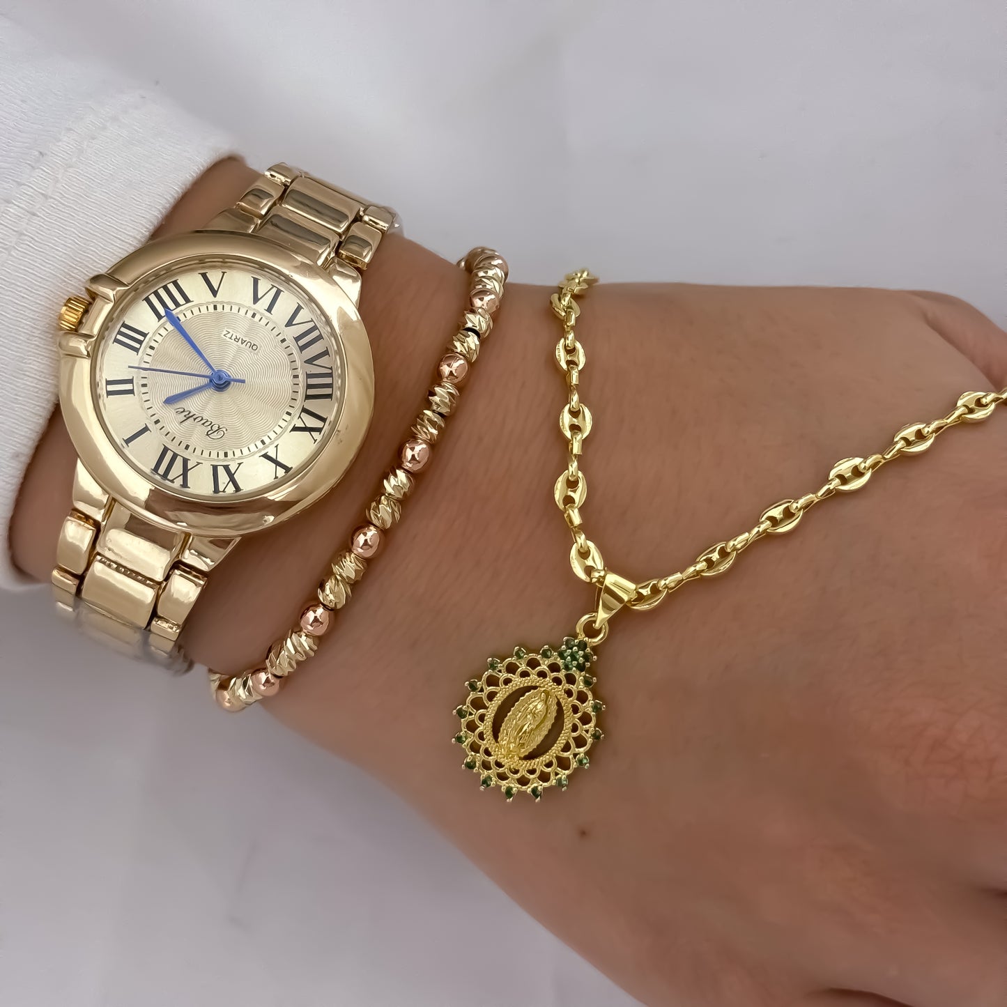 Cadena Tejido Gucci de Dama de 45cm de 3mm de Grosor + Virgen de Guadalupe con micro circones + Pulseras Balin Italiano de 4mm en Oro laminado 18k con Garantia de por vida + Reloj Bulgarit de Dama con Garantía