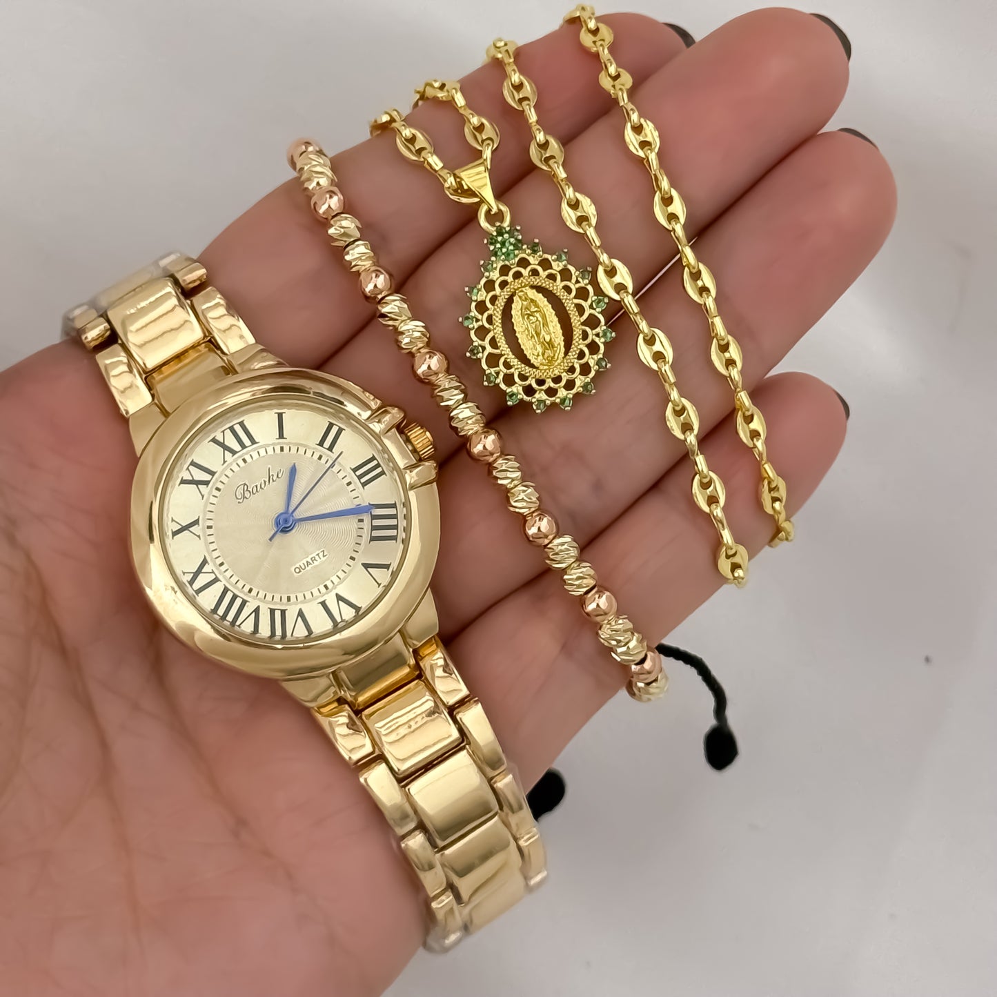 Cadena Tejido Gucci de Dama de 45cm de 3mm de Grosor + Virgen de Guadalupe con micro circones + Pulseras Balin Italiano de 4mm en Oro laminado 18k con Garantia de por vida + Reloj Bulgarit de Dama con Garantía