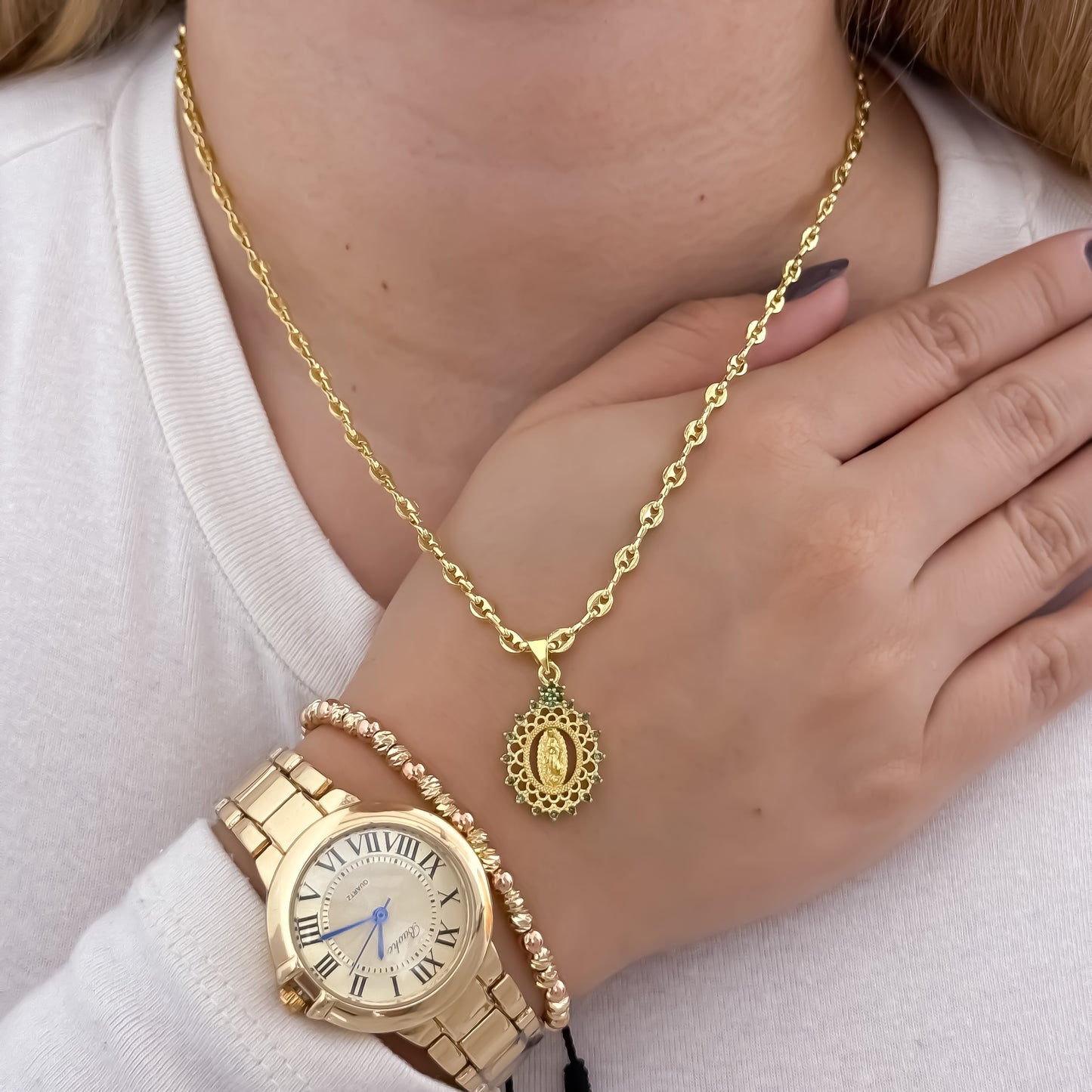 Cadena Tejido Gucci de Dama de 45cm de 3mm de Grosor + Virgen de Guadalupe con micro circones + Pulseras Balin Italiano de 4mm en Oro laminado 18k con Garantia de por vida + Reloj Bulgarit de Dama con Garantía