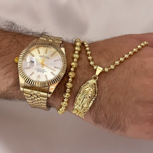 Cadena Tejido Militar Diamantada de 60cm de 4mm + Virgen de Guadalupe tallada + Pulsera Diamantado + Reloj Rolex de Hombre en Oro Laminado 18k con garantia de por vida