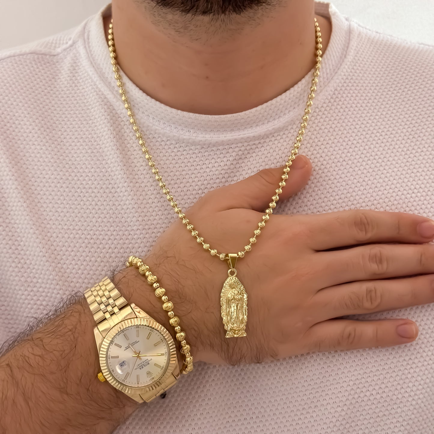 Cadena Tejido Militar Diamantada de 60cm de 4mm + Virgen de Guadalupe tallada + Pulsera Diamantado + Reloj Rolex de Hombre en Oro Laminado 18k con garantia de por vida