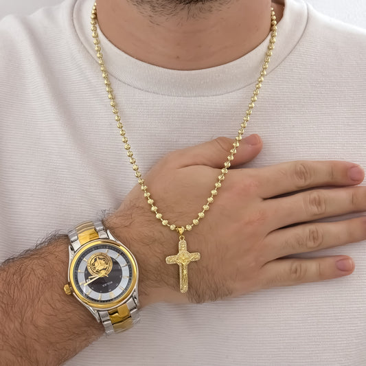 Cadena Tejido Militar Diamantada de 60cm de 4mm de Grosor + Cruz San Benito Protección en Oro Laminado 18k  + Reloj Rx Caballero con Garantía