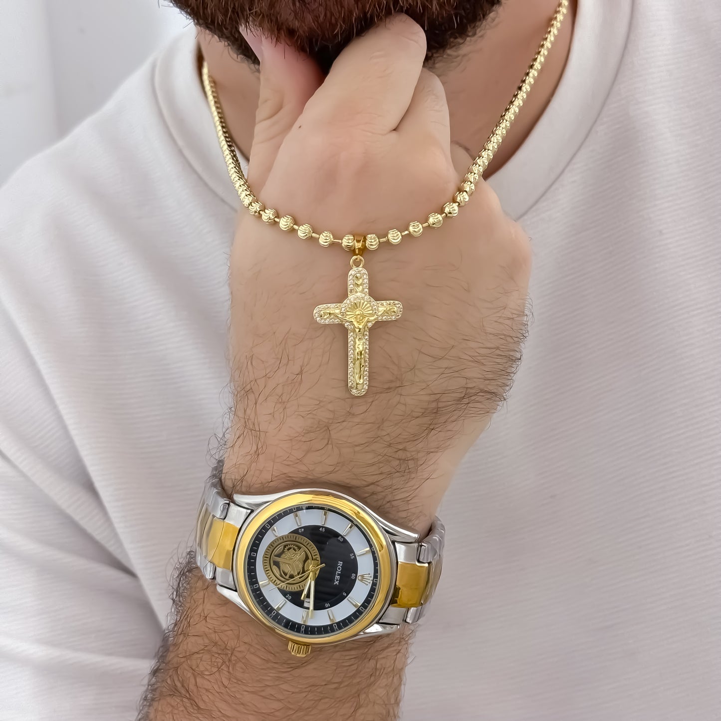 Cadena Tejido Militar Diamantada de 60cm de 4mm de Grosor + Cruz San Benito Protección en Oro Laminado 18k  + Reloj Rx Caballero con Garantía