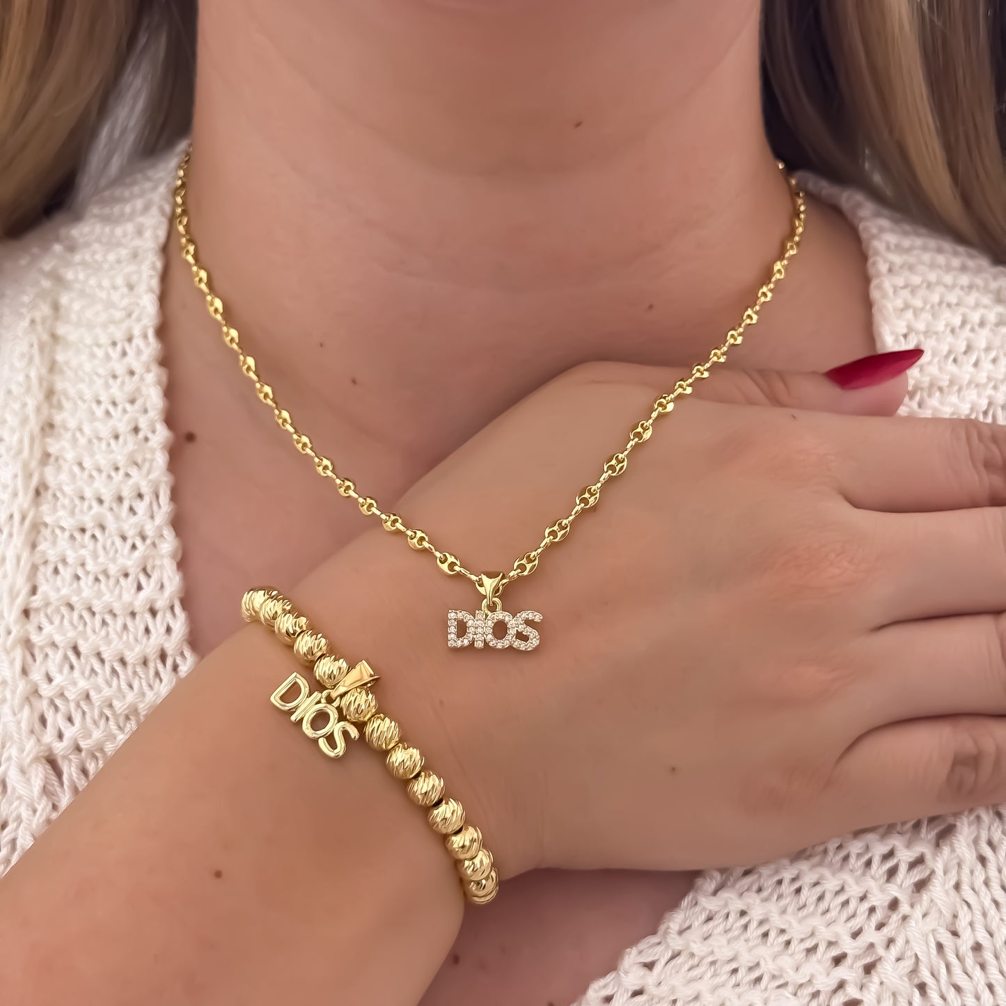 Cadena Tejido Gucci de Dama de 45cm de 3mm + Dije de DIOS + Pulseras Balin Italiano 6mm con Dije de DIOS en Oro Laminado 18k con Garantia de por vida