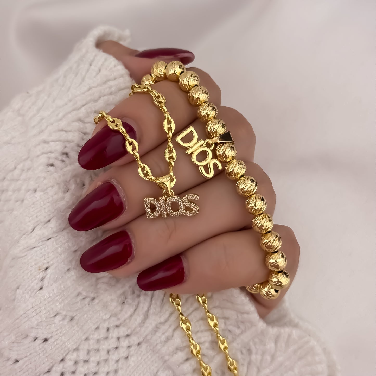 Cadena Tejido Gucci de Dama de 45cm de 3mm + Dije de DIOS + Pulseras Balin Italiano 6mm con Dije de DIOS en Oro Laminado 18k con Garantia de por vida