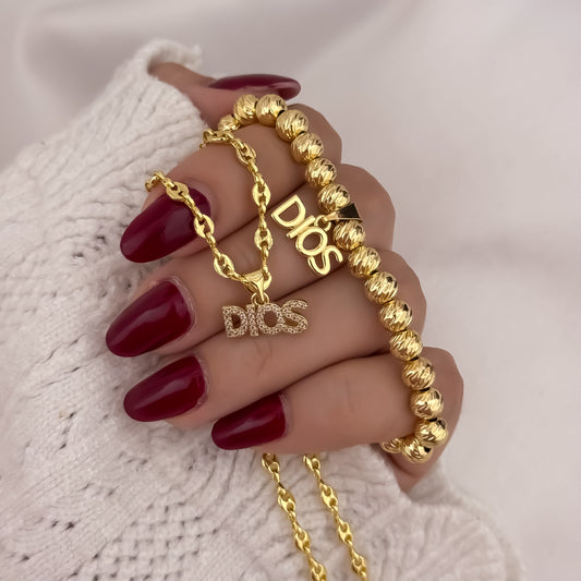 Cadena Tejido Gucci de Dama de 45cm de 3mm + Dije de DIOS + Pulseras Balin Italiano 6mm con Dije de DIOS en Oro Laminado 18k con Garantia de por vida