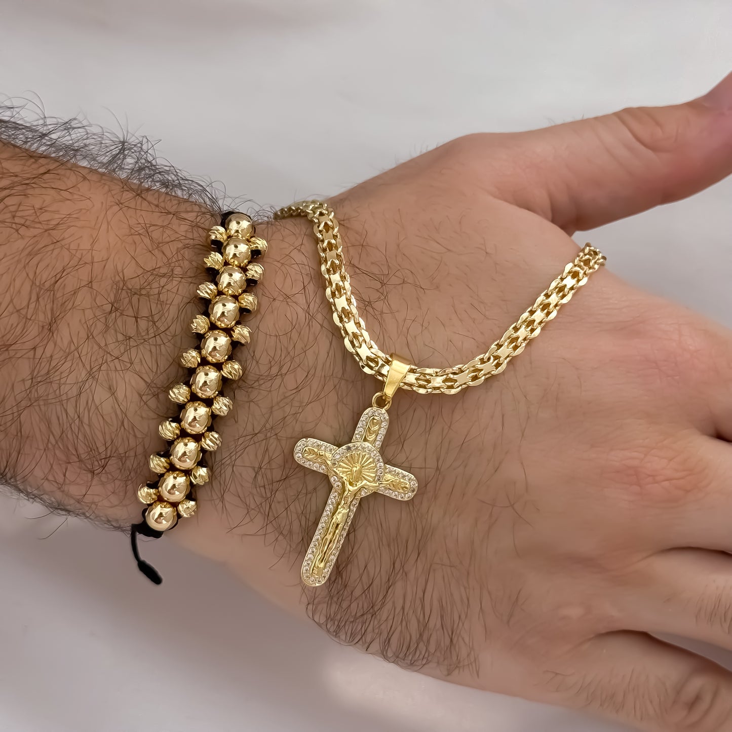 Cadena Tejido Chino Grueso de 60cm de 4mm de Hombre  + Cruz de San Benito Protección + Pulseras 3 Carriles de Balin Liso y Italiano de 4mm en oro laminado 18k con Garantia de por vida