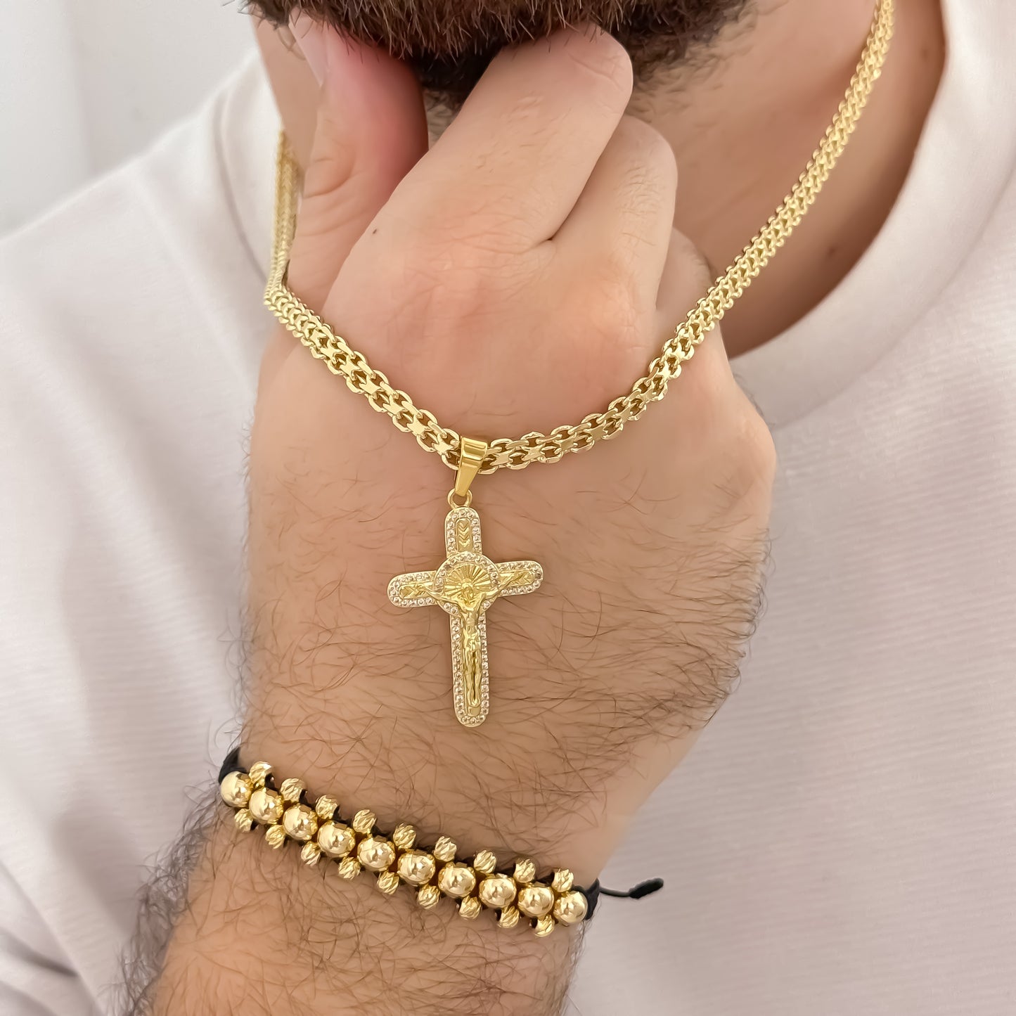 Cadena Tejido Chino Grueso de 60cm de 4mm de Hombre  + Cruz de San Benito Protección + Pulseras 3 Carriles de Balin Liso y Italiano de 4mm en oro laminado 18k con Garantia de por vida