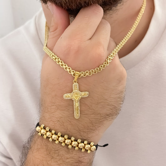 Cadena Tejido Chino Grueso de 60cm de 4mm de Hombre  + Cruz de San Benito Protección + Pulseras 3 Carriles de Balin Liso y Italiano de 4mm en oro laminado 18k con Garantia de por vida
