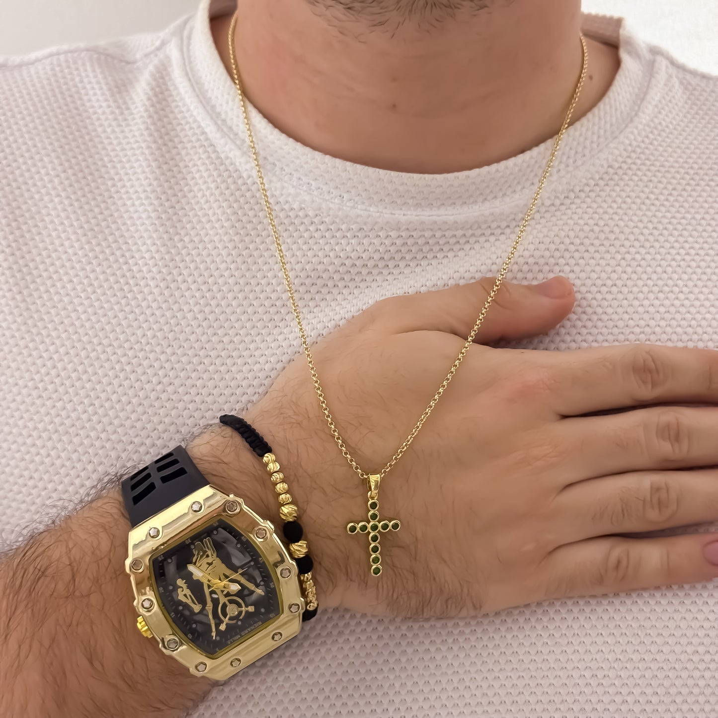 Cadena Cubana Delgada de Hombre de 60cm de 2mm + Cruz Micro Circones Verde + Pulsera Balin Italiano de 5mm + Reloj Hombre Richard en Oro Laminado 18k con Garantia de por vida