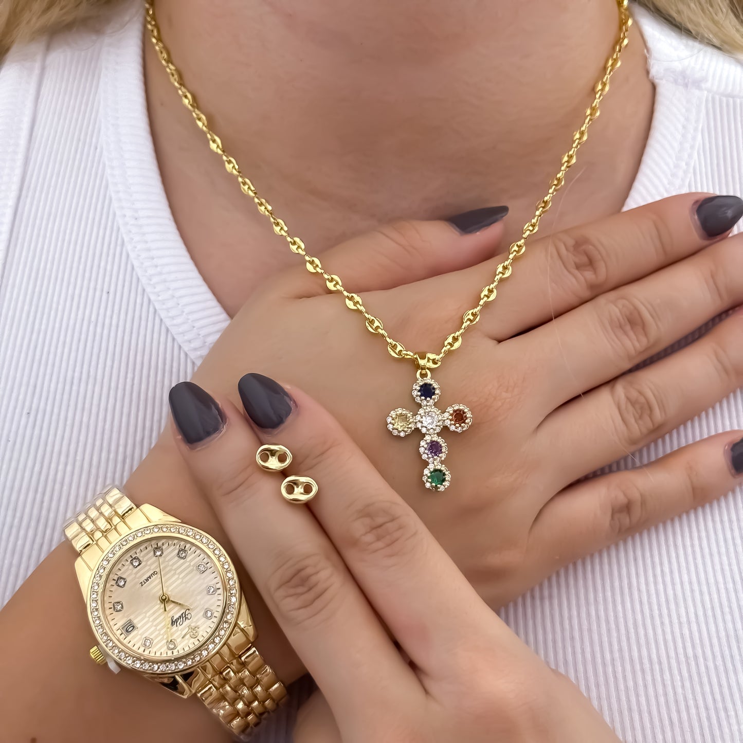 Cadena Tejido Gucci  de Dama de 45cm de 3mm de Grosor + Dije de Cruz de Colores + Topos Gucci en Oro Laminado 18k con Garantía de por vida + Reloj de Dama Bulgarit con Garantia