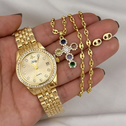 Cadena Tejido Gucci  de Dama de 45cm de 3mm de Grosor + Dije de Cruz de Colores + Topos Gucci en Oro Laminado 18k con Garantía de por vida + Reloj de Dama Bulgarit con Garantia