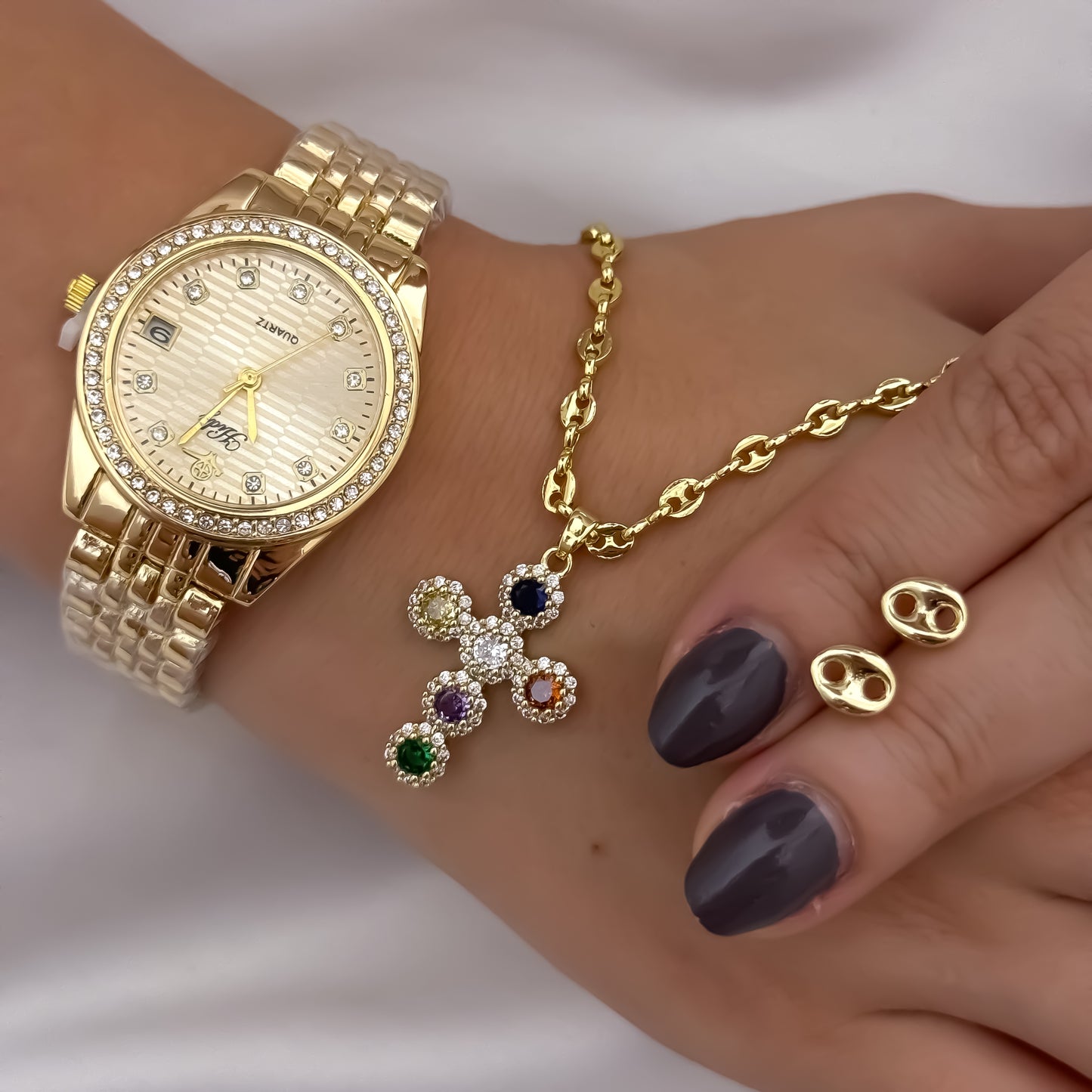 Cadena Tejido Gucci  de Dama de 45cm de 3mm de Grosor + Dije de Cruz de Colores + Topos Gucci en Oro Laminado 18k con Garantía de por vida + Reloj de Dama Bulgarit con Garantia