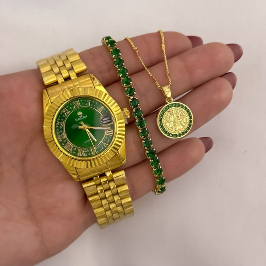 Cadena Tejido Cubana de Dama de 45cm + San Benito Protección con Micro Circones Verde Esmeralda + Pulsera Tennis Verde Esmera + Reloj en Oro Laminado 18k con Garantia de por vida