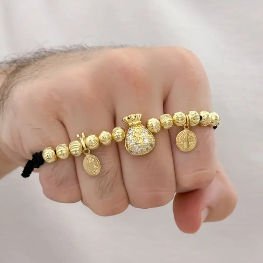 Pulsera Abundancia y Devoción Virgen Guadalupe + Bolsa de Dinero +San Benito Proteccion  con Balin Italiano Nuevo Labrado  en 6mmm en oro laminado 18k con Garantia de por vida