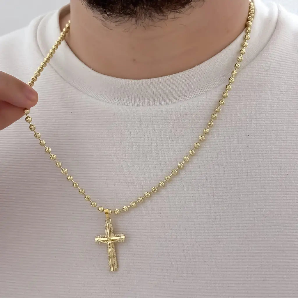 Cadena Tejido Militar  Diamantada de Hombre de 60cm de 4mm  + Cristo Madero con micro circones en Oro Laminado 18k con Garantía de por vida