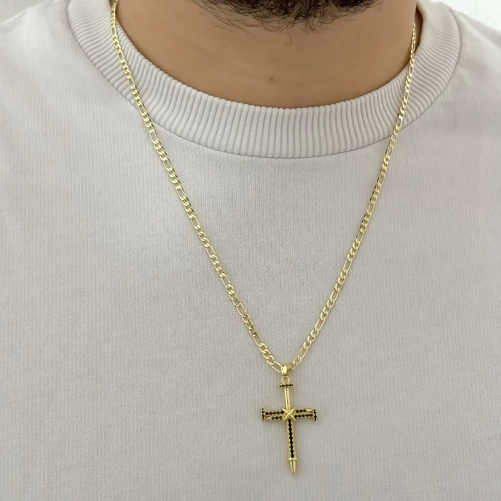 Cadena Hombre Tejido Catier 60cm -3mm de Grosor + Cruz Clavo Micro circones Negro en Oro Laminado 18k con garantia de por vida