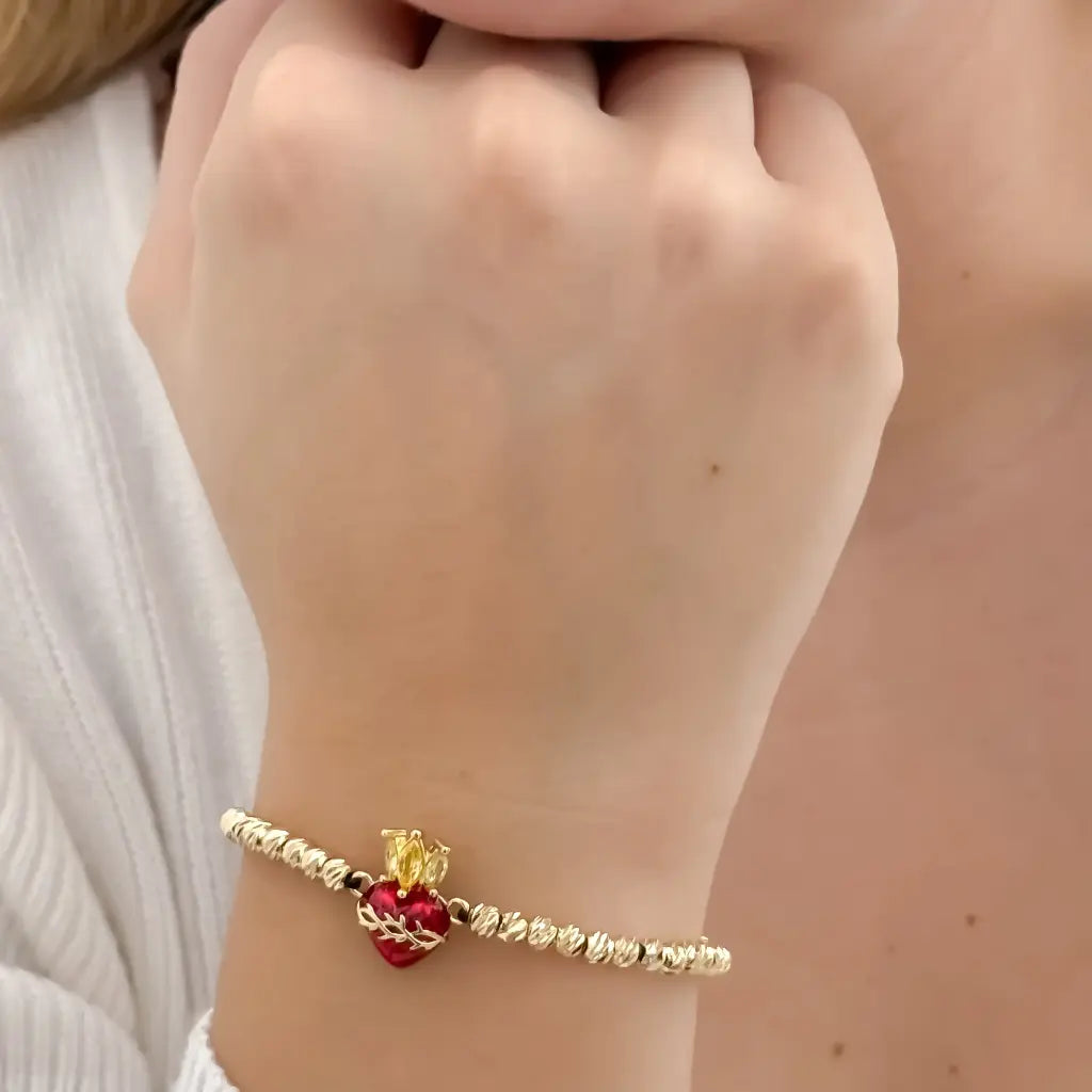Amuleto de Proteccion Pulseras Balin 4mm Italiano  de Corazon de Jesus en Oro Laminado 18k con Garantia de por vida