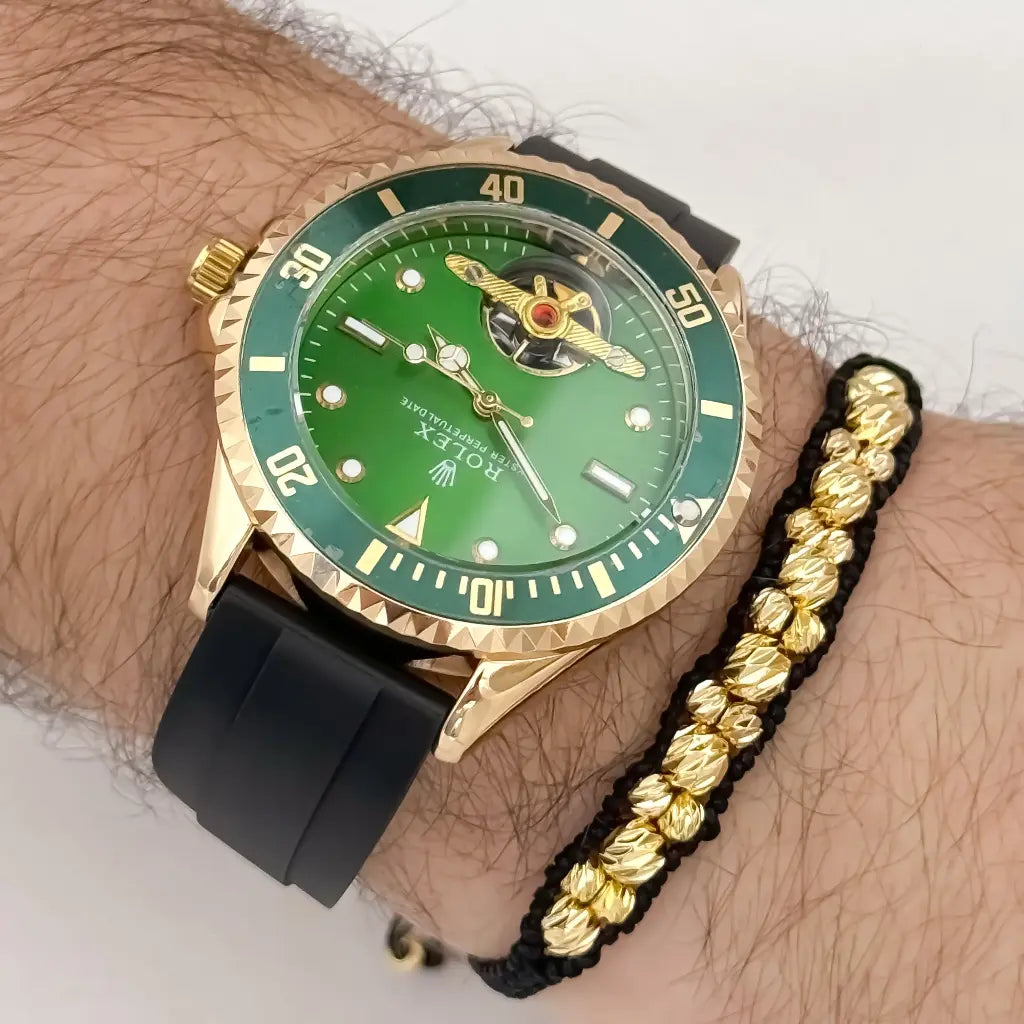 Pulsera Doble Tejido Macrame en Balin italiano de 5mm en oro Laminado 18k con Garantia de por vida + Reloj Rolex  de Alta Calidad  con Garantia de por vida