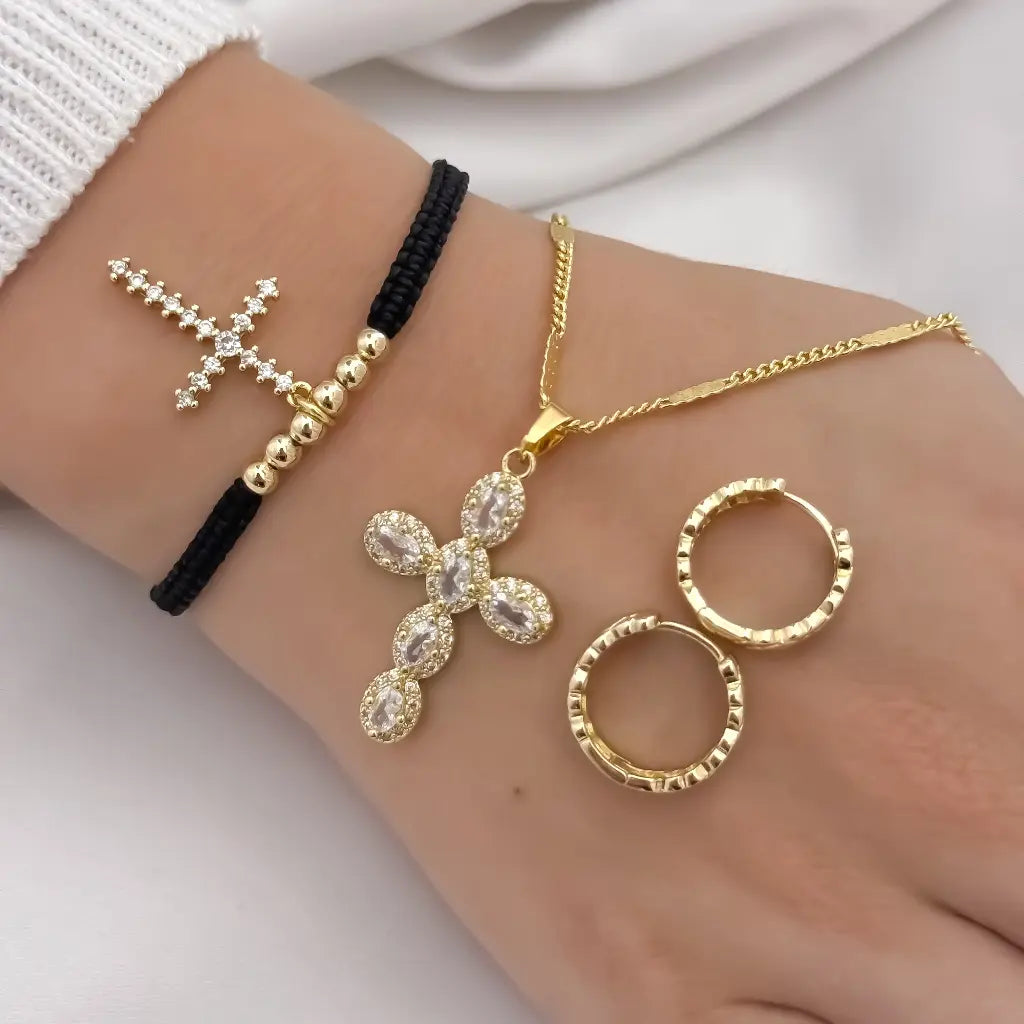 Conjunto de  Cruz Cadena de Dama Cubana Destellos + Cruz con Circones + Pulsera Cruz + Candongas  Melcochas en Oro Laminado 18k con Garantia de por vida