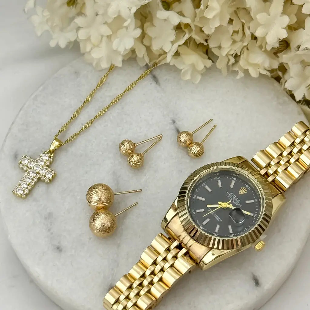 Cadena Singapur de Dama de 45cm de 2mm + Cruz Micro Circones Cristales + Trio Balines Diamantado + Reloj Rolex de Dama en Oro Laminado 18k con Garantia de por vida