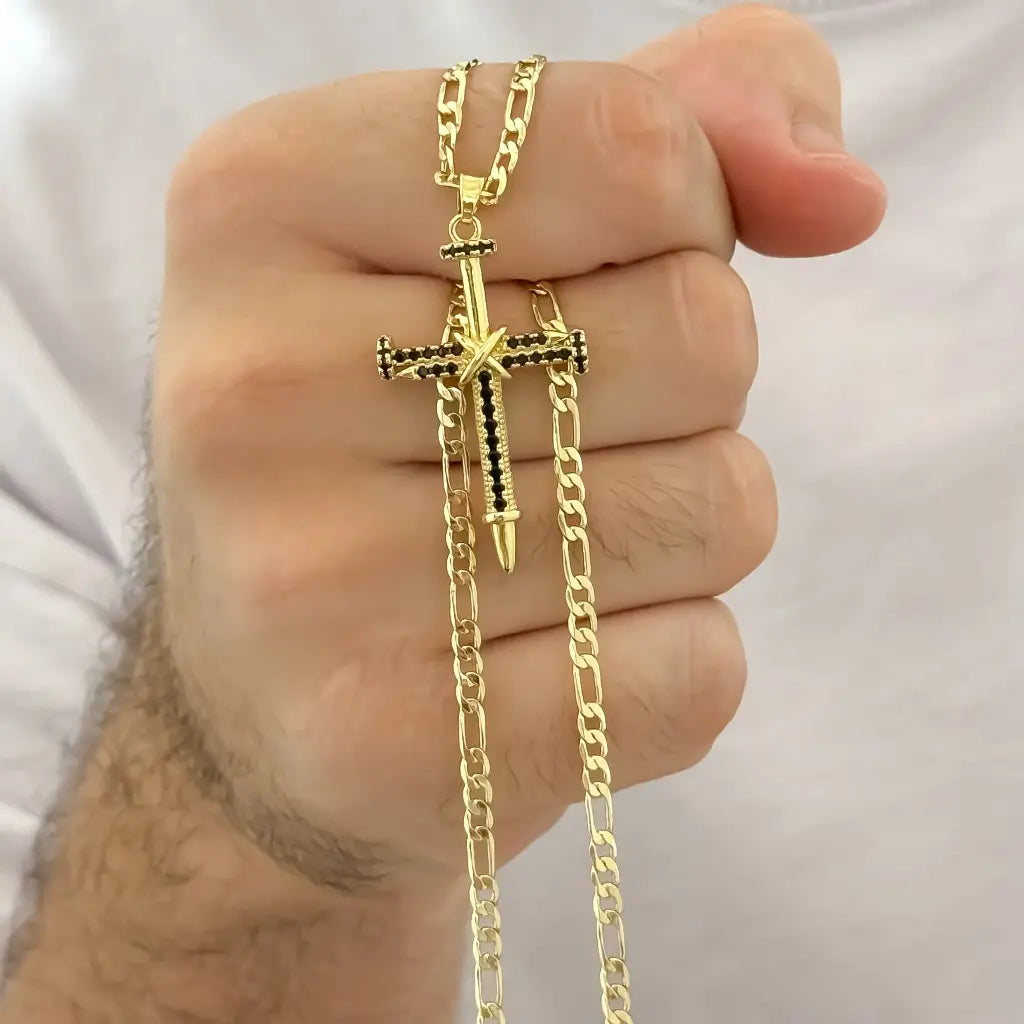 Cadena Hombre Tejido Catier 60cm -3mm de Grosor + Cruz Clavo Micro circones Negro en Oro Laminado 18k con garantia de por vida