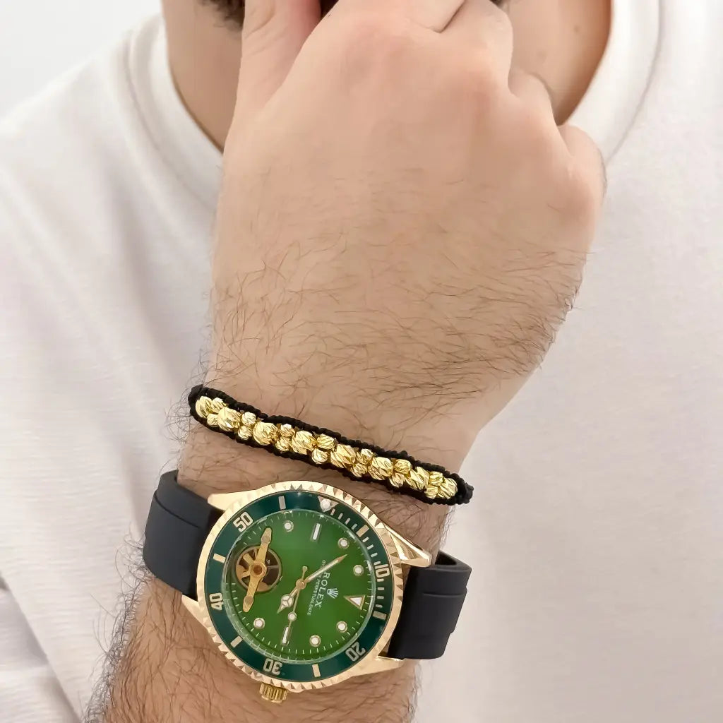 Pulsera Doble Tejido Macrame en Balin italiano de 5mm en oro Laminado 18k con Garantia de por vida + Reloj Rolex  de Alta Calidad  con Garantia de por vida