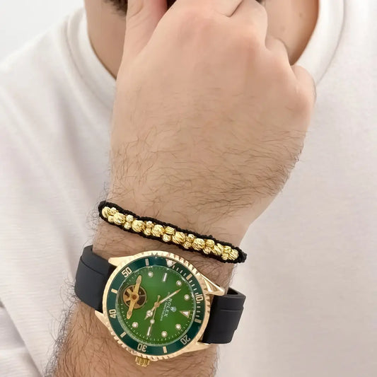 Pulsera Doble Tejido Macrame en Balin italiano de 5mm en oro Laminado 18k con Garantia de por vida + Reloj Rolex  de Alta Calidad  con Garantia de por vida