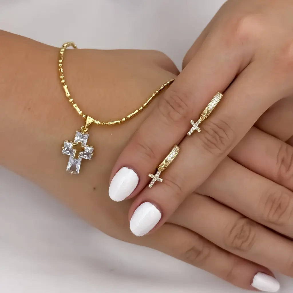 Cadena militar Palito Balin de 3mm de Grosor para Dama de 45cm + Cruz cristal  Protección  + Candongas Cruz en Oro Laminado 18k con Garantia de por vida