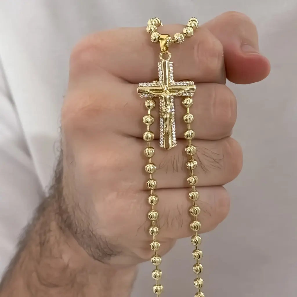 Cadena Tejido Militar  Diamantada de Hombre de 60cm de 4mm  + Cristo Madero con micro circones en Oro Laminado 18k con Garantía de por vida