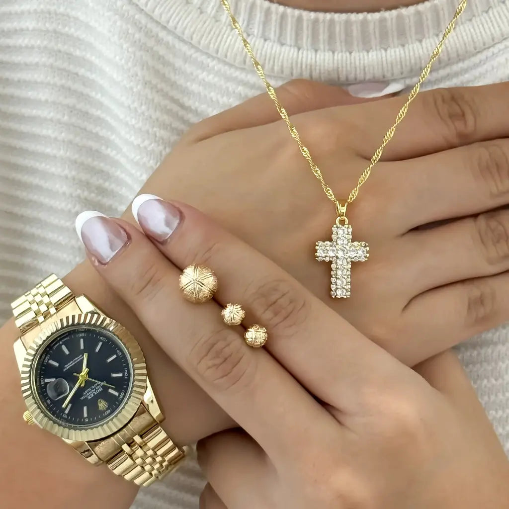 Cadena Singapur de Dama de 45cm de 2mm + Cruz Micro Circones Cristales + Trio Balines Diamantado + Reloj Rolex de Dama en Oro Laminado 18k con Garantia de por vida