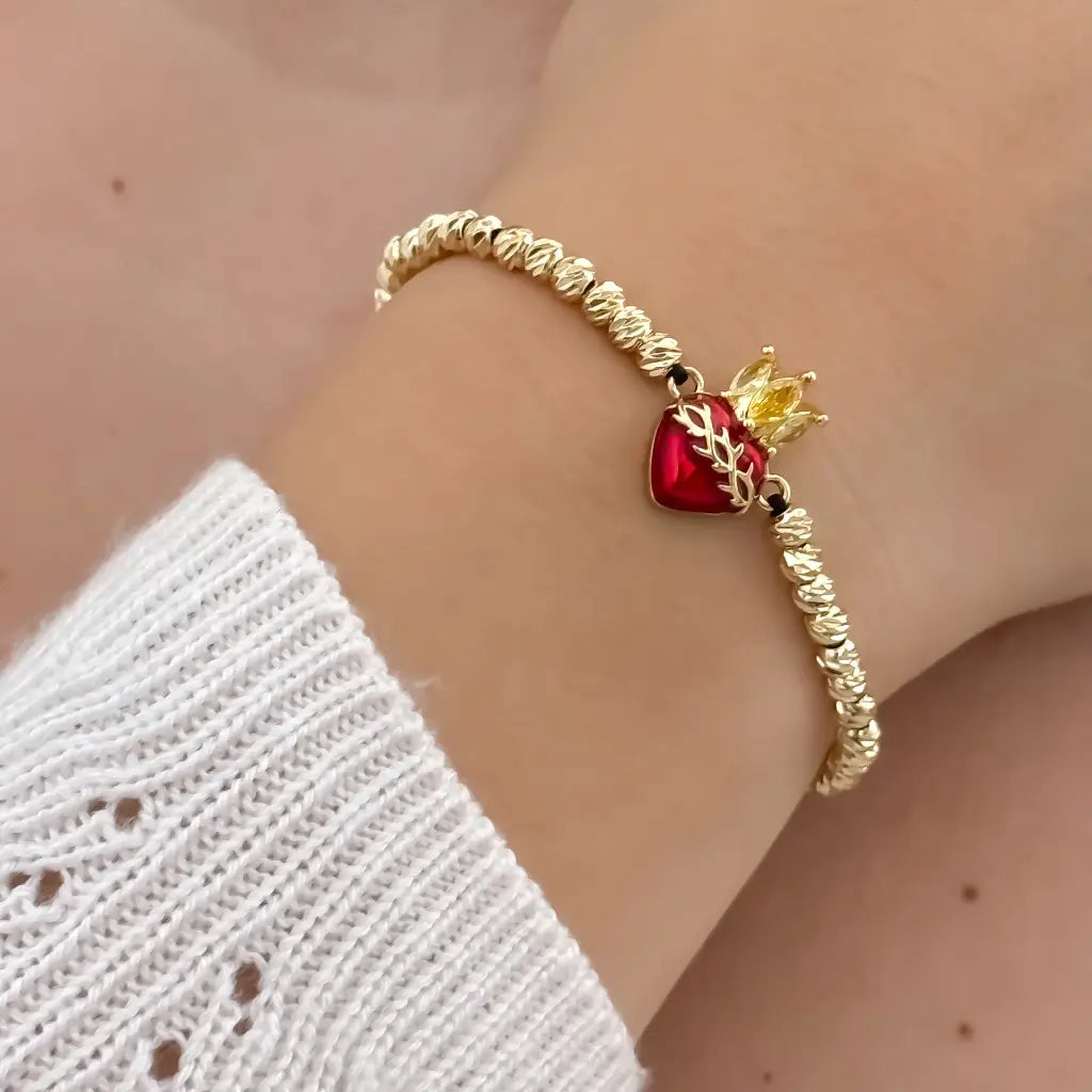 Amuleto de Proteccion Pulseras Balin 4mm Italiano  de Corazon de Jesus en Oro Laminado 18k con Garantia de por vida
