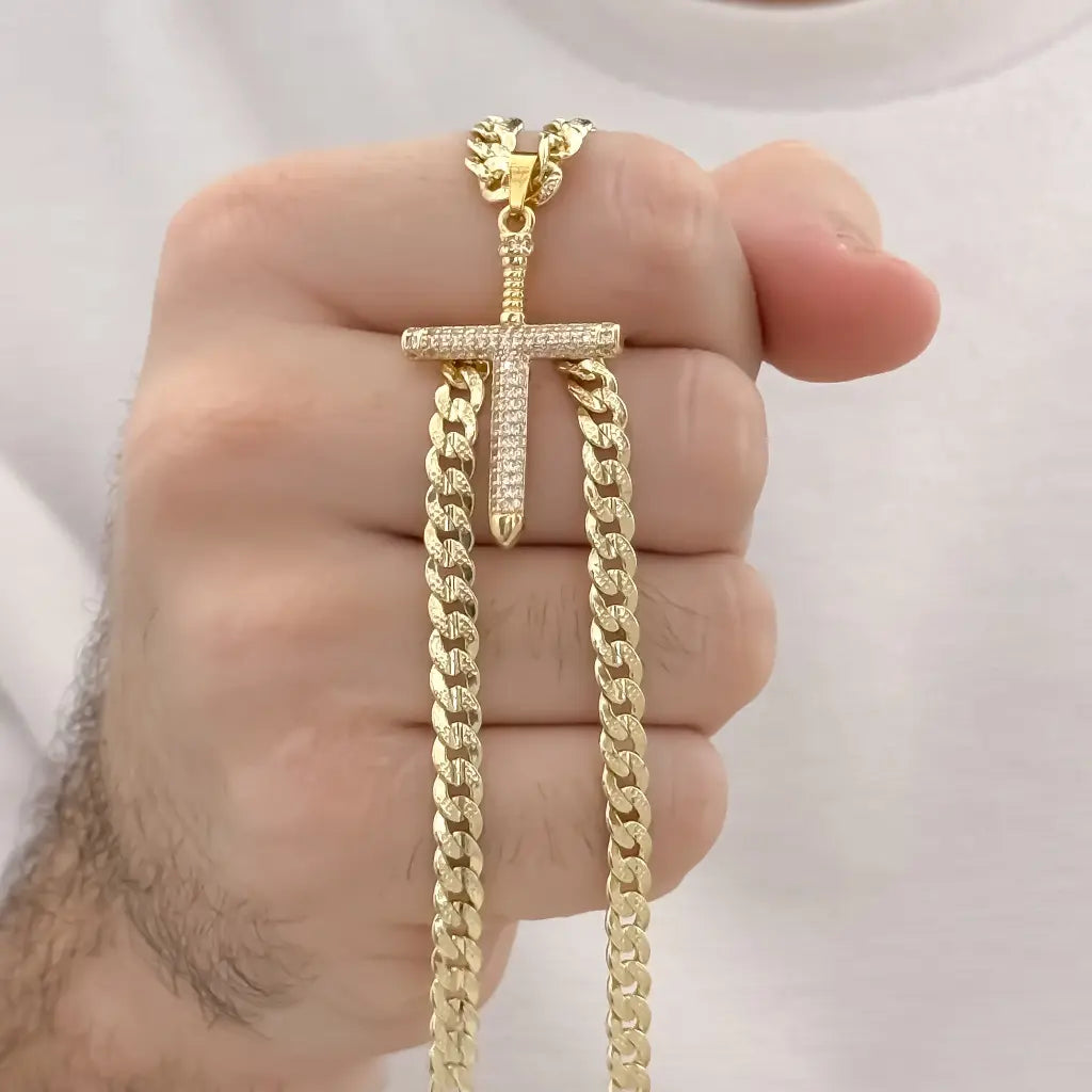 Cadena Cuaban Diamantada para Caballero de 60cm de 4mm de grosor + Cruz Clavo con micro circones cristales en Oro Laminado