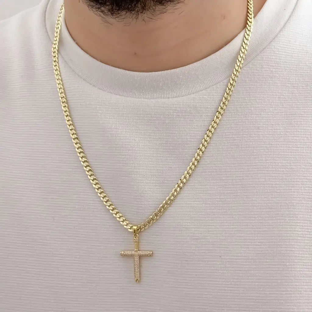 Cadena Cuaban Diamantada para Caballero de 60cm de 4mm de grosor + Cruz Clavo con micro circones cristales en Oro Laminado