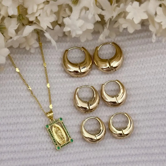 Cadena Tejido Cubana Mini de Dama + Virgen Guadalupe circones Verde + Trio de Candongas pequeñas mediana Grandes en Oro Laminado 18k ocn garantia de por vida