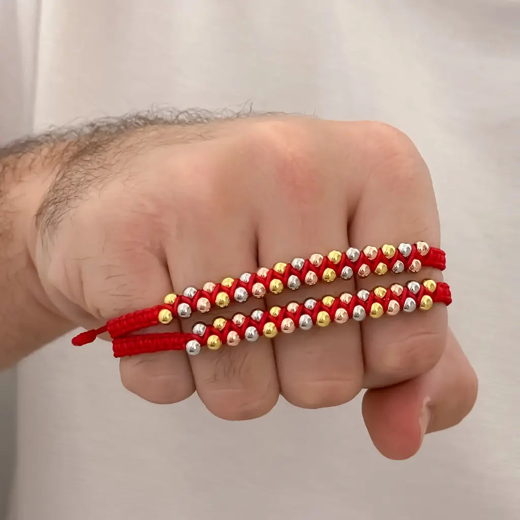 2 Pulseras para Parejas Balin 4mm Liso Doble Carrile en 3 oros en Hilo Rojo union inquebrantable en oro Laminado 18k con garantia de por vida