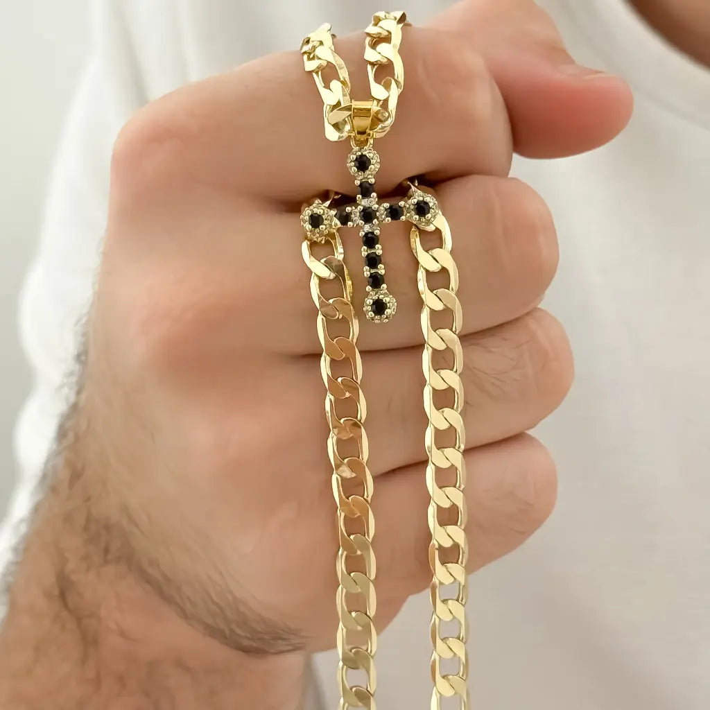 Cadena Cubana Gruesa de Hombre de 60cm + Cruz trebol Negro con micro circones en Oro Laminado 18k con garantia de por vida