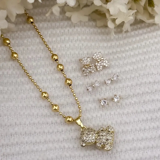 Juego para Dama de cadena militar + Dije de  oso Micro circones + juego de  Topos  X 3 en Oro Laminado 18k con Garantia de por vida