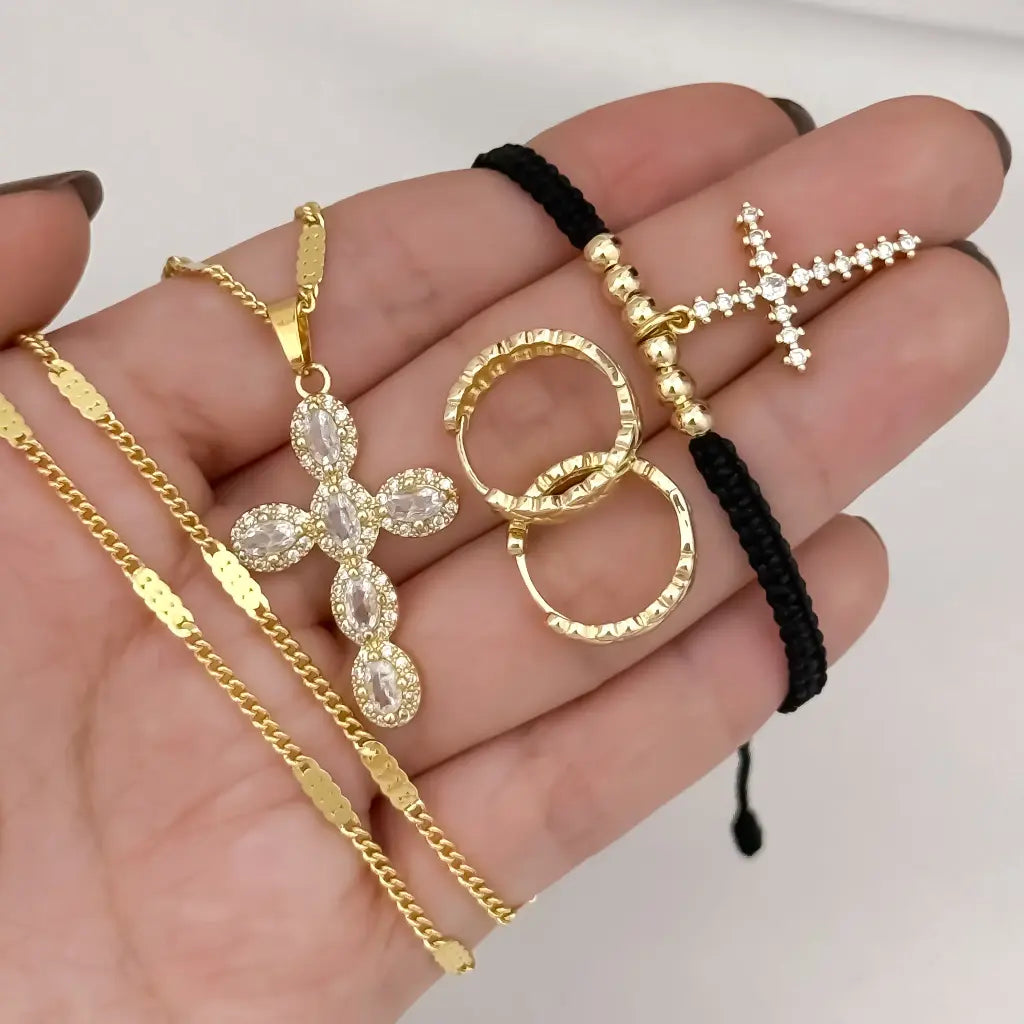 Conjunto de  Cruz Cadena de Dama Cubana Destellos + Cruz con Circones + Pulsera Cruz + Candongas  Melcochas en Oro Laminado 18k con Garantia de por vida
