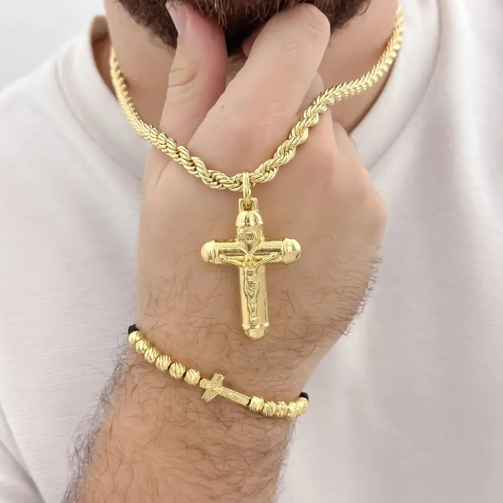 Juego de cadena lazo Gruesa de 60cm de 5mm de Grosor + Cruz Cristo madero grande + Pulsera cruz madero Balin Italiano de 5mm en Oro Laminado 18k con garantia de por vida
