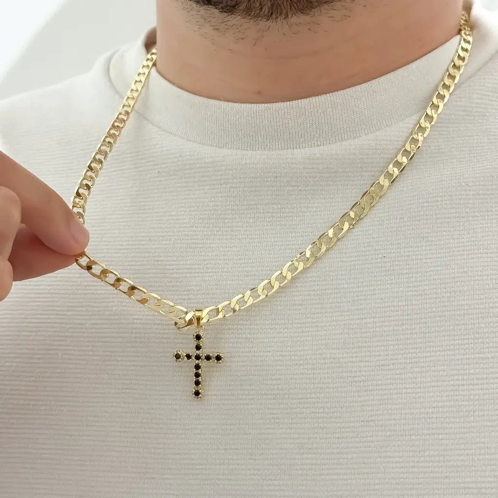 Cadena Cubana Gruesa de Hombre de 60cm + Cruz trebol Negro con micro circones en Oro Laminado 18k con garantia de por vida