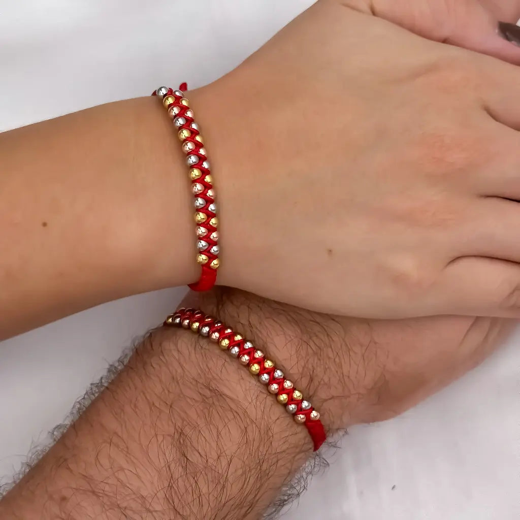 2 Pulseras para Parejas Balin 4mm Liso Doble Carrile en 3 oros en Hilo Rojo union inquebrantable en oro Laminado 18k con garantia de por vida